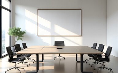 Fototapeta premium Modern Meeting Room with Blank Posters on Wall and Bright Windows. High quality