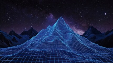 Futuristic mountain landscape with glowing grid against a starlit night sky