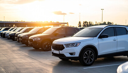 Back View of Modern New SUV Cars Fleet Parked at Dealership Lot for Auto Sale and Commercial Inventory