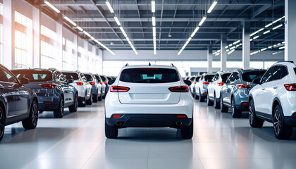 Back View of Modern New SUV Cars Fleet Parked at Dealership Lot for Auto Sale and Commercial Inventory