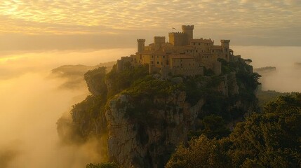 Cliffside castle in fog at sunrise
