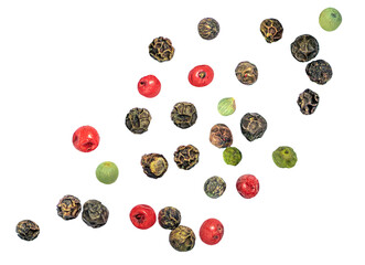 Levitating Pepper mix isolated on white. Flying Black, red and white peppercorns.  Explosion. Top view. Flat lay. Pattern 