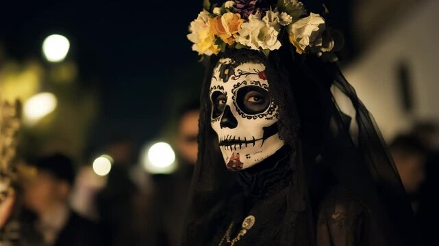 Mysterious night procession with painted faces and candlelight ritual