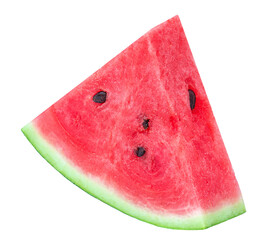 Isolated Watermelon piece triangle on white background. Watermelon cutted piece.  Top view. Flat lay. Package design elements.