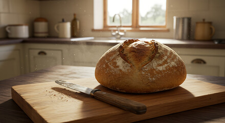A butter knife beside a loaf of bread on a cutting board in a rustic countryside kitchen.