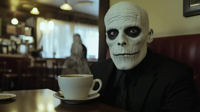 Mysterious skeleton figure enjoys coffee in cozy cafe setting