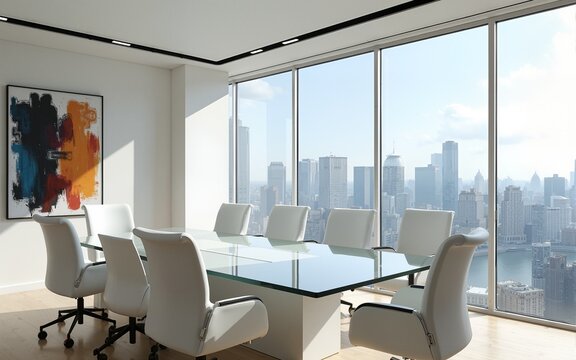 Modern conference room with white chairs and a glass table, featuring abstract art and city view. High quality - Powered by Adobe