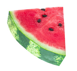 Isolated Watermelon piece triangle on white background. Watermelon cutted piece.  Top view. Flat lay. Package design elements.