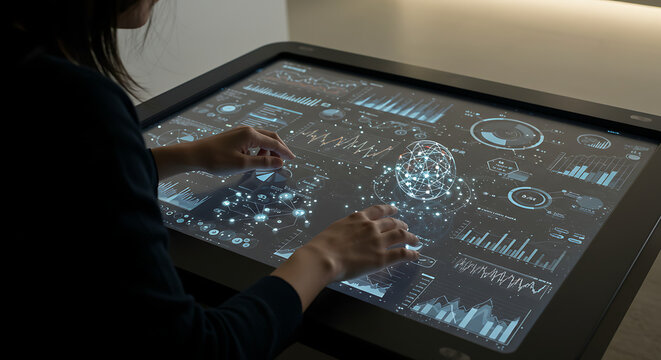 A person using a touch table filled with dynamic 3D charts, rotating spheres, and interactive data nodes, face out of frame.