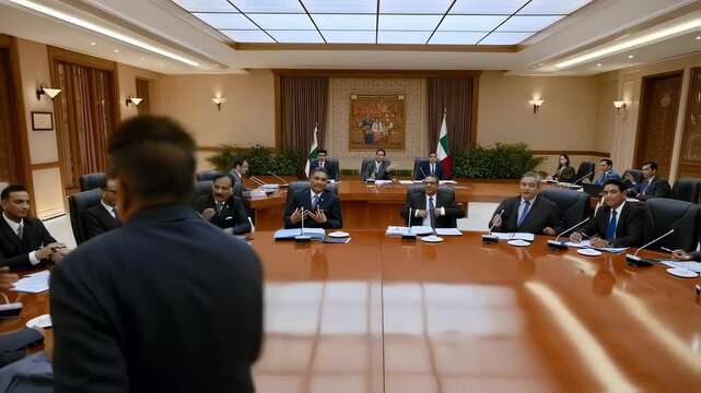 Political delegates engaging in high level discussion within luxurious conference room, representing international diplomatic negotiations and strategic partnership