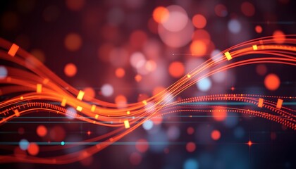 Abstract digital artwork featuring swirling orange and red lines, dotted patterns, and bokeh effects on a dark background.