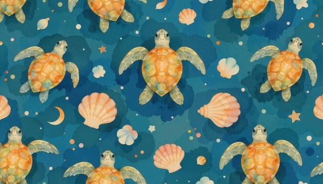 seamless watercolor pattern of sea turtles and shells, pastel colors