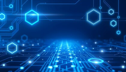 Obraz premium Abstract blue digital background with glowing hexagons and circuit board patterns suggesting technology and connectivity.