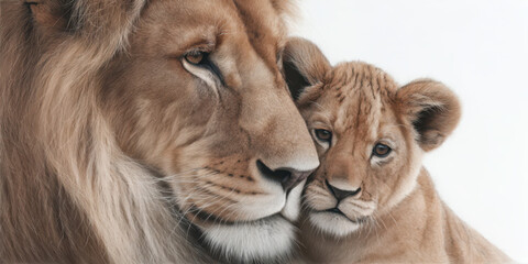 Obraz premium Adorable portrait of a male lion and baby lion