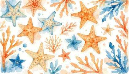 soft watercolor sea stars and coral pattern, white background