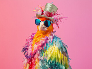 Fototapeta premium Colorful Parrot in Vibrant Costume Styled with Hat and Glasses on Pink Background