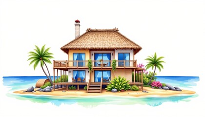 watercolor painting, tropical two story house with open layout, thatched roof, coral island setting, white background, photorealistic