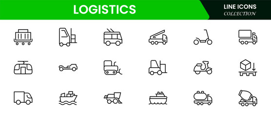 Efficient vector web line icons depicting logistics, shipping, transportation, supply chain, and delivery operations for streamlined global commerce.