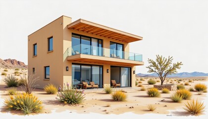 Fototapeta premium watercolor painting, desert modern two story house with sand toned walls, glass atrium, arid plain setting, white background, photorealistic