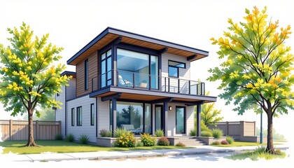 watercolor painting, urban modern two story house with steel frame, large windows, rooftop park setting, white background, photorealistic