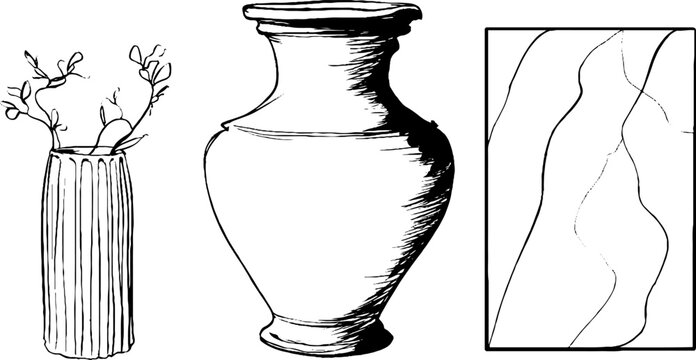 Elegant line art set featuring clay amphora and botanical elements for interior design