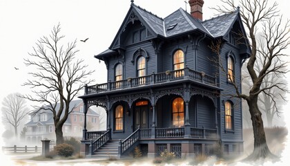 watercolor painting, victorian gothic two story house with intricate ironwork, dark exterior, misty town setting, white background