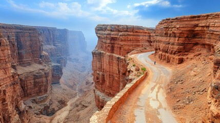 A winding road snakes through a rugged canyon.  Vast cliffs surround a narrow, paved pathway.  A lone figure walks on the road.  Bright sky and hazy atmosphere