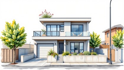 Fototapeta premium watercolor painting, urban minimalist two story house with concrete facade, rooftop terrace, city lot setting, white background, photorealistic