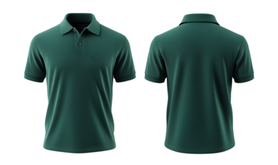 A realistic mockup of a dark green polo shirt, displayed from both front and back views, showcasing its design and fit for potential use in fashion or promotional contexts.
