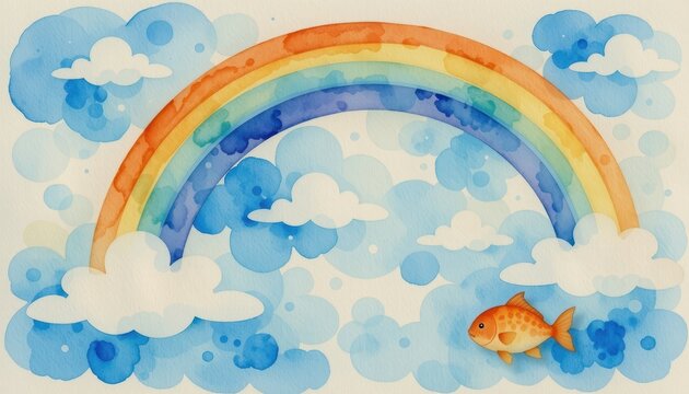 watercolor rainbow with clouds and fish, baby theme
