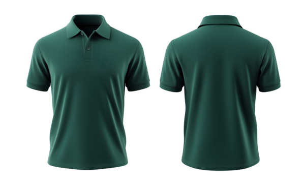 A realistic mockup of a dark green polo shirt, displayed from both front and back views, showcasing its design and fit for potential use in fashion or promotional contexts.