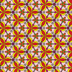 Brightly colored floral fabric patterns in orange yellow and pink tones are suitable for printing on fabrics and various items.