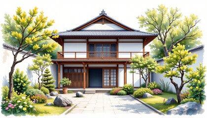 Fototapeta premium watercolor painting, japanese minimalist two story house with wooden screens, zen courtyard, urban garden setting, white background