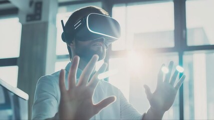 Professional businessman wearing virtual reality headset while interacting with immersive digital environment inside modern office workspace with bright sunlight - Powered by Adobe