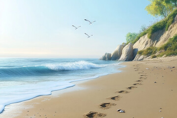 Beach scene with footprints in the sand, waves, birds and cliffside trees