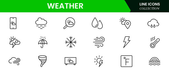 Clean vector web line icons depicting weather forecasts, sun, rain, clouds, temperature, and meteorological data for accurate predictions.