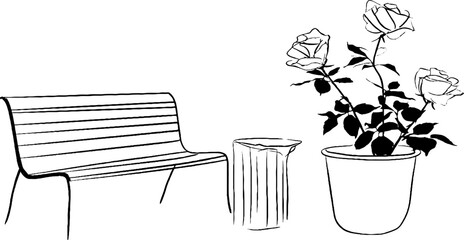 Minimalist line art of park bench with trash can and potted roses for urban design concepts