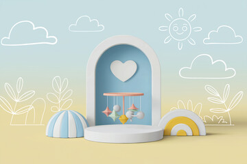 Colorful baby themed background design with stage, clouds, sun, rainbow and mobile decoration
