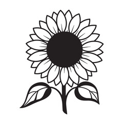Fototapeta premium Black and white sunflower illustration with leaves and stem isolated on a white background