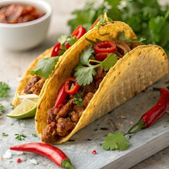 A colorful illustration of a delicious taco with chili peppers and cilantro image