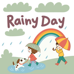 A colorful vector design template for a 'Rainy Day Fun' poster, incorporating playful elements like puddles, rain boots, and happy (stylized) characters or animals.
