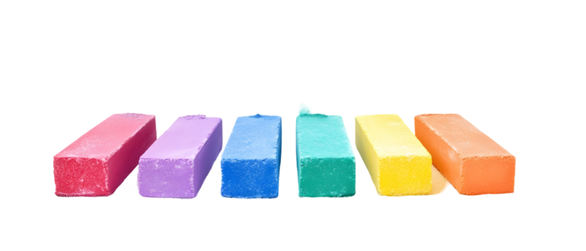 A row of colorful chalk sticks arranged in a gradient, ideal for artistic projects, teaching, or creative expression on various surfaces.