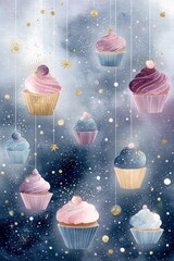 Colorful Cupcakes with Decorations in a Dreamy Starry Background