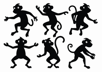 Fototapeta premium Black silhouette monkey characters in various poses for playful illustrations and designs on white background.