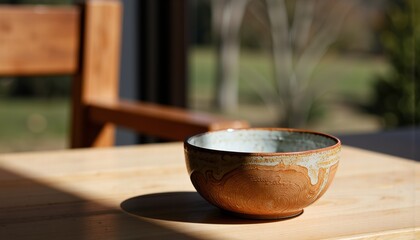Handmade ceramic bowl on wooden table in bright natural light  