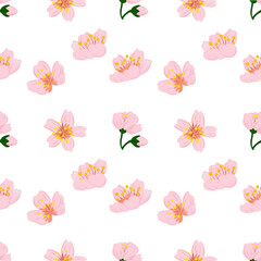 A seamless pattern featuring delicate pink cherry blossoms (Sakura) and buds scattered on a white background. The illustration style is clean and doodle-like, suggesting a light and cheerful aesthetic
