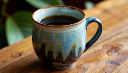 Handcrafted ceramic coffee mug filled with black coffee on wooden table  