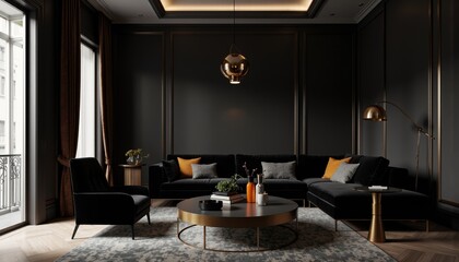 Modern living room with black furniture and elegant decor elements  