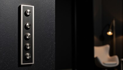 Modern light switch panel with buttons on black wall indoors  