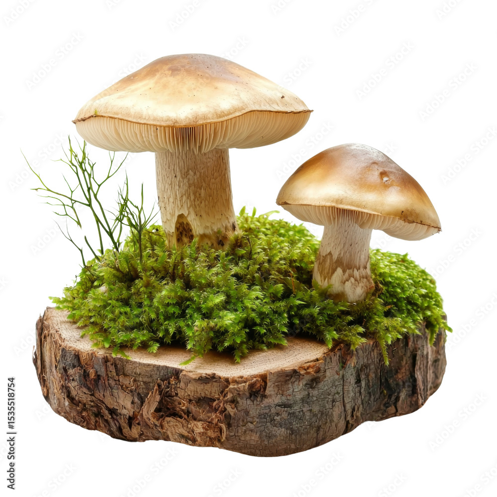 Poster mushrooms growing on wooden log surrounded by green moss and small plants create serene natural scen